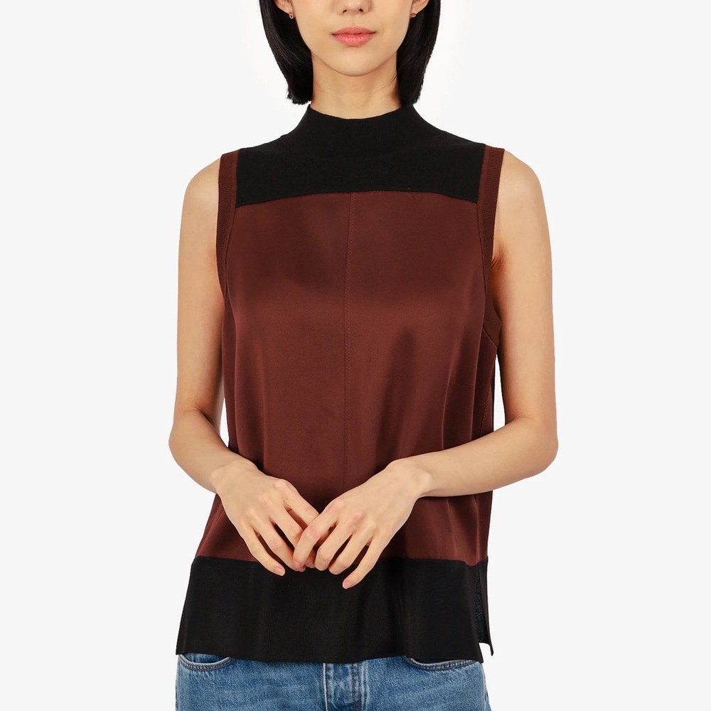 MERINO WOOL BLACK/BURGUNDY SLEEVELESS MOCK NECK TOP